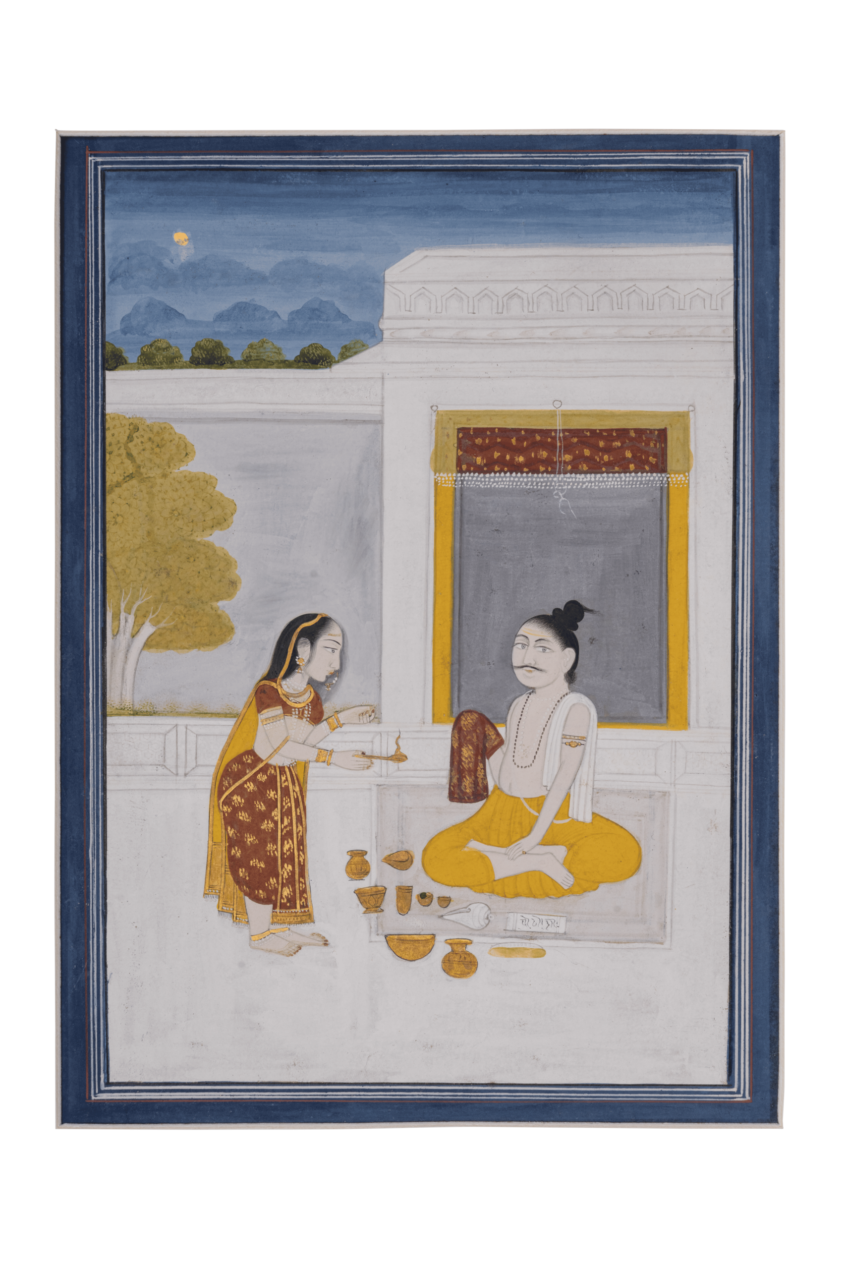 The priest and his wife performing pūjā, Miniature Painting, Deccan, Hyderabad, ca 1720 – 1730.