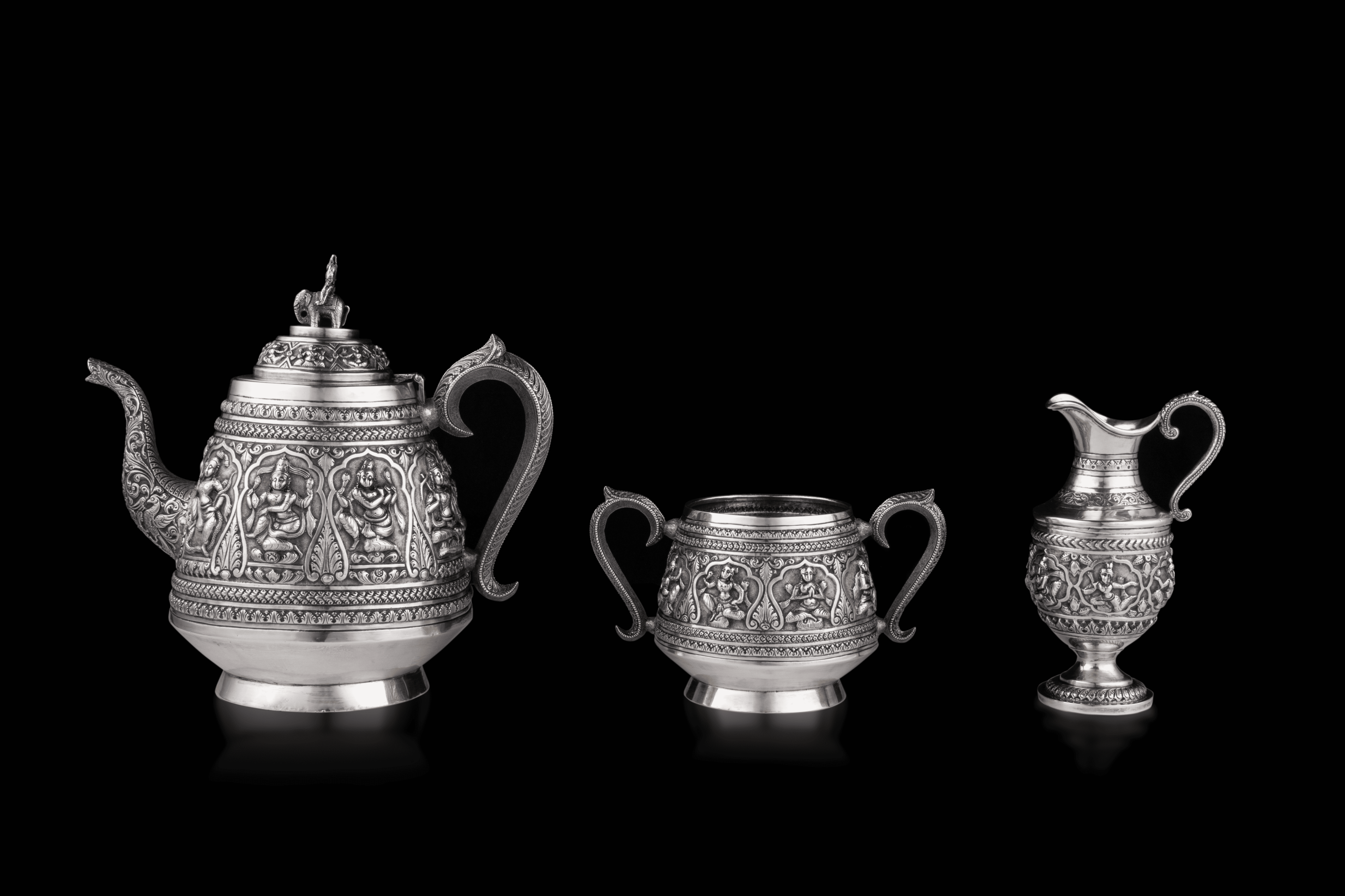 A Fine & Rare Tea Set, Silver, Chennai, Tamil Nadu, Southern India, ca.1880.