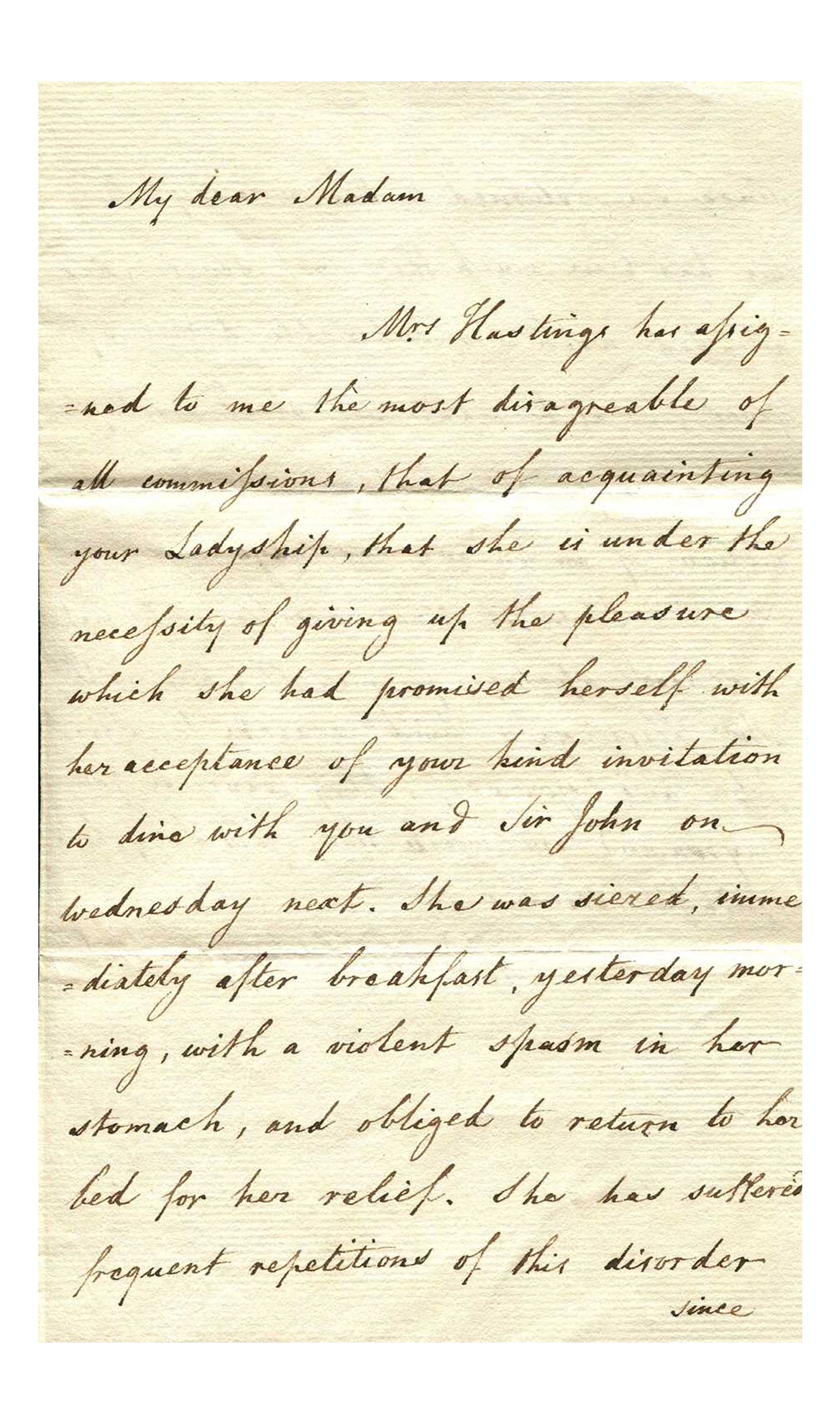 A Hand Written Letter by Warren Hastings (Governor General of India) to Lady Reade, ca.1814-1818.
